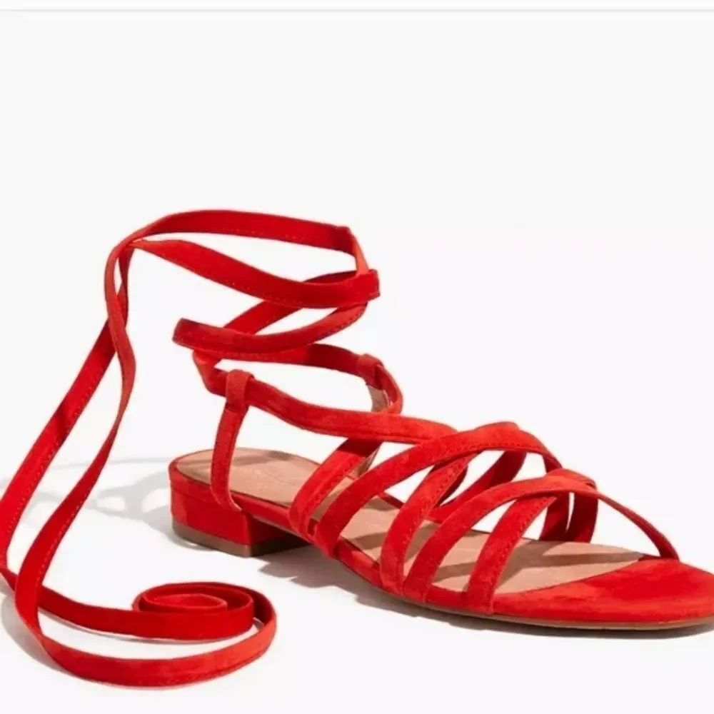 MADEWELL suede Holly ankle wrap flat sandals in‎ red/orange 7.5
